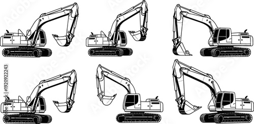 Excavator silhouette icon set, black construction heavy machinery collection with hydraulic arm positions, industrial digging equipment symbols, 
