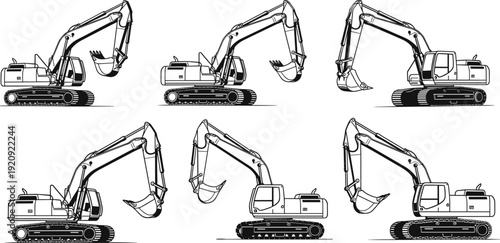 Excavator machine silhouettes set, detailed black vector illustration of construction equipment for industrial design, engineering graphics, heavy machinery branding, and building projects