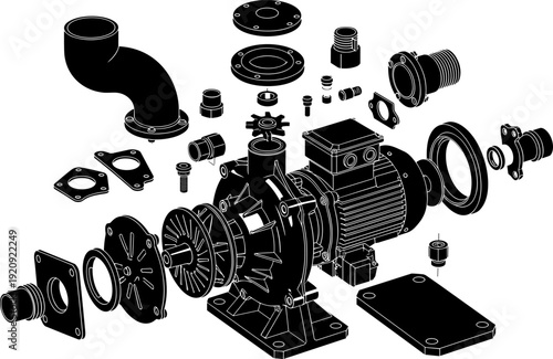 Exploded black silhouette vector view of a centrifugal pump and electric motor assembly, showing all components, impeller, casing, and bolts; detailed technical illustration for engineering design.