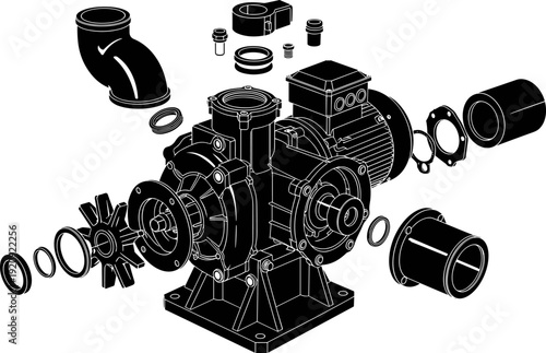 Exploded view black vector illustration of a disassembled centrifugal pump with electric motor, showing all mechanical parts and seals, symbolizing engineering, maintenance,  