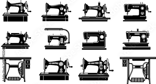 Extensive Collection of Antique, Vintage, and Modern Sewing Machine Silhouettes with Treadle, Table, and Light for Dressmaking, Tailoring, and Craft Hobby Vector Illustration