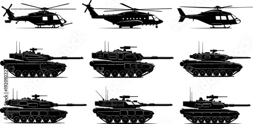 Extensive vector set of diverse military vehicle silhouettes, featuring combat tanks, jet fighters, helicopters, an aircraft carrier, and warships, black illustration collection.