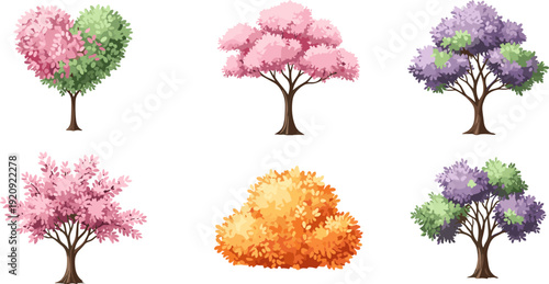 Extensive Vector Illustration Bundle of Stylized Landscape Design Elements, Including Various Flowering Trees, Bushes, Hedges, and Decorative Rock Beds Collection