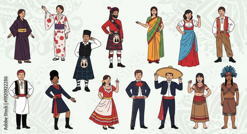 Diverse people wearing traditional clothing from around the world standing together