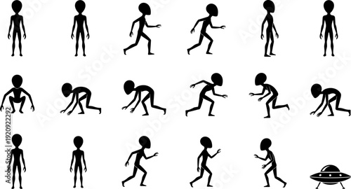 Extraterrestrial alien silhouette set with gray man characters in various poses, walking, crawling, crouching, standing, and flying saucer ufo icon, vector illustration collection.