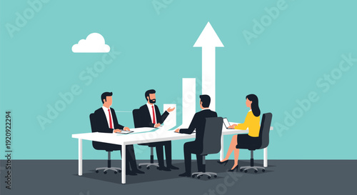 Professional business team meeting in office, corporate executives discussing financial success with rising growth chart, cad drawing flat vector illustration,