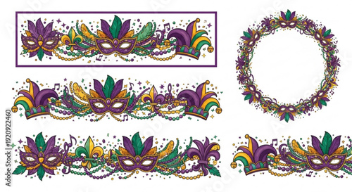 Mardi gras masks and banners with colorful feathers and beads