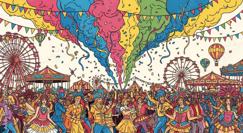 Vibrant carnival scene with colorful balloons and excited crowd celebrating