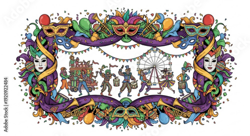 Vibrant mardi gras carnival scene with colorful masks and decorations