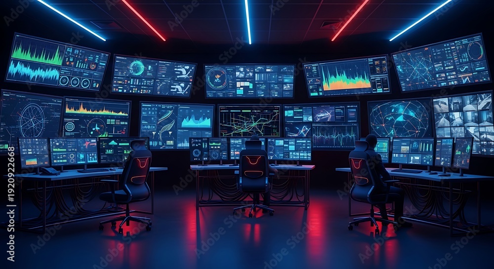 Fototapeta premium High-tech control room with multiple screens and futuristic interface abstract 4k