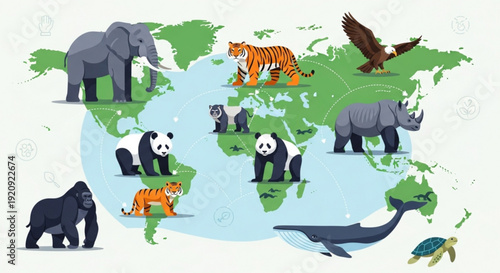 World map with diverse animals on continents global wildlife illustration
