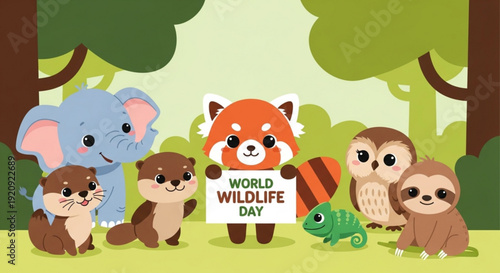 Cartoon animals celebrate world wildlife day in forest