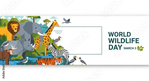 World wildlife day poster with diverse animals and green text on white background