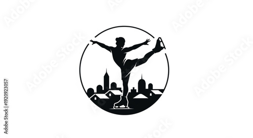 Silhouette of a person performing a martial arts kick against a city skyline at dusk with a circular frame