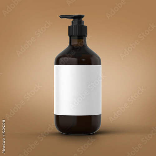 Amber glass pump bottle with blank white label on a warm beige background. Unbranded cosmetic packaging suitable for soap, lotion, shampoo, skincare or personal care products,