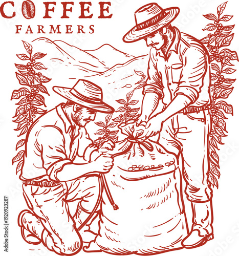 Vintage hand drawn sketch of two coffee farmers in the middle of coffee plant tying a sack of coffee beans