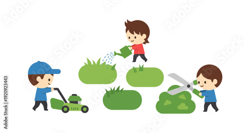 People gardening illustration, vector style graphic for outdoor activities and lawn care.