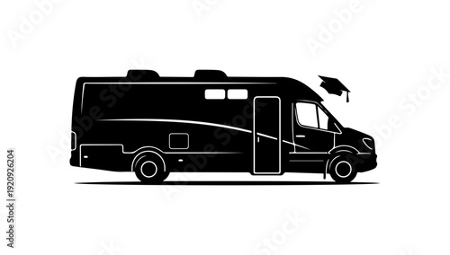 Black RV and Graduation Cap Vector Silhouette