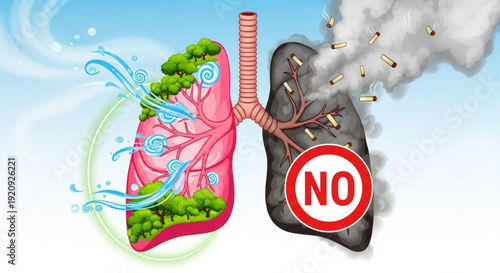 Healthy lungs with green trees and clean air versus polluted lungs with cigarette smoke and a 'no' sign