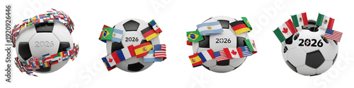 Foto Set and collection of 2026 soccer balls with international flags, football champ