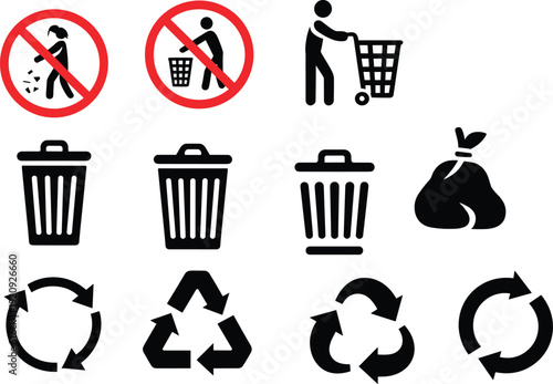 No littering and recycling icons set with trash bins, waste bags and circular arrows environmental symbols collection