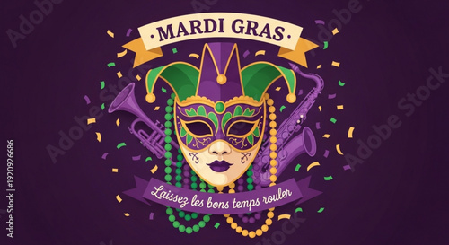 Mardi gras mask with beads and confetti on purple background
