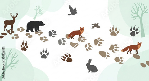 Forest animals leave footprints in snowy landscape with trees