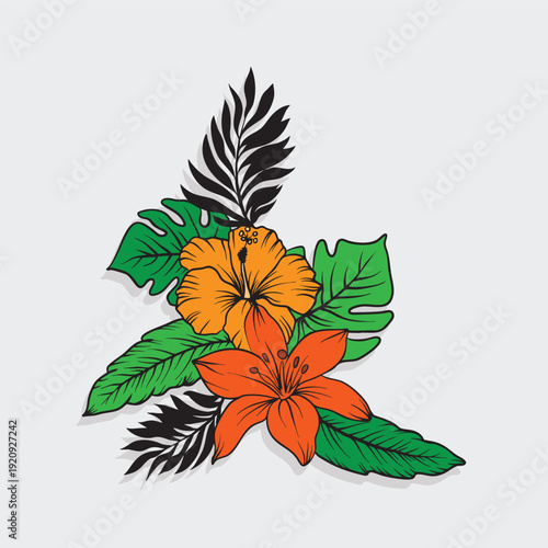 Illustration features vibrant orange hibiscus (Hibiscus rosa-sinensis) and lily (Lilium) flowers surrounded by green and black foliage. The leaves include large monstera leaves (Monstera deliciosa) an