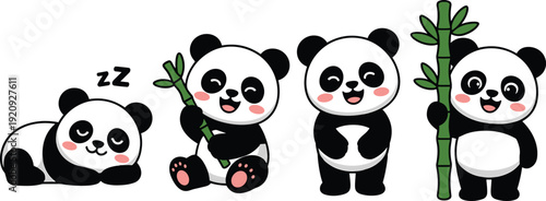 Cute panda cartoon character set with bamboo kawaii baby bear poses vector illustration collection isolated on white background