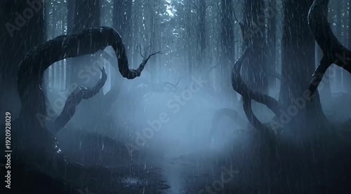 Eerie and captivating scenery of a misty, rainsoaked forest landscape