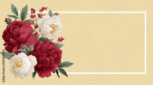 Elegant floral arrangement featuring peonies and berries on a soft yellow background perfect for wedding invitations, decorations, or greeting cards