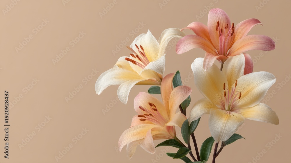 Fototapeta premium Elegant and Vibrant Floral Arrangement of Cream and Peach Lilies with Soft Blush Background for Interior Decoration or Event Styling