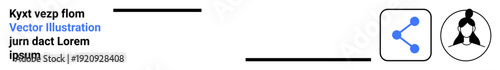 Social networks, communication, user profiles, online sharing, data interaction, technology integration. Graphical icons showing a user profile and a share network symbol with text. Social networks