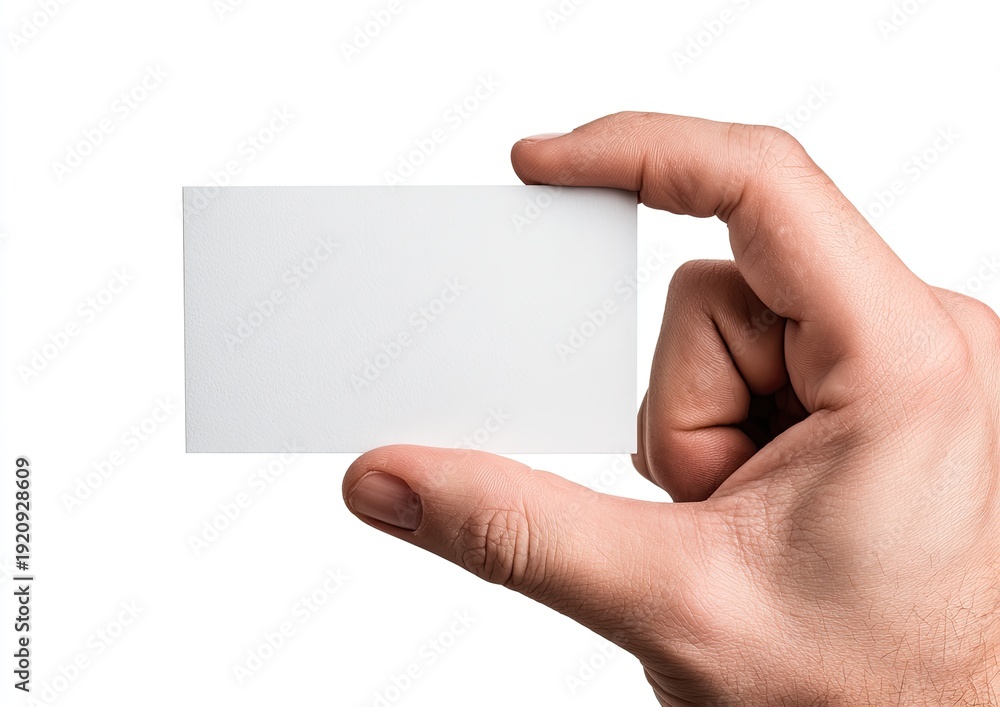 Obraz premium Close-up of hand holding blank white rectangle card against white background