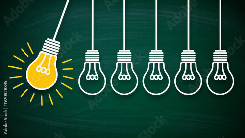 A glowing yellow lightbulb swinging to hit a row of white lightbulbs on a green chalkboard, symbolizing a new idea or inspiration.