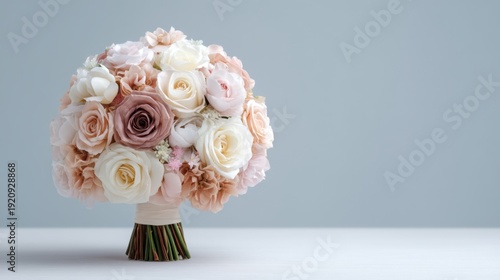 Elegant floral arrangement featuring soft pastel roses and delicate flowers in a beautifully crafted bouquet with a minimalist background and gentle lighting