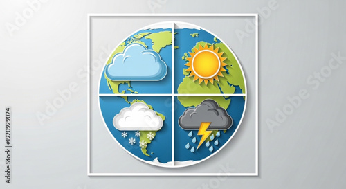 World Meteorological Day Conceptual globe displaying different weather conditions in quadrants sunshine, snow, rain with lightning, and clouds