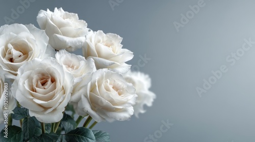 Elegant White Roses with Soft Green Leaves Against a Subtle Gray Background for Bridal or Romantic Decor and Floral Arrangements