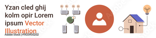 Communication systems, modern networking, sustainable energy, smart homes, data flow, and user connectivity. Diagram with data nodes, user icon and a smart home concept. Communication systems