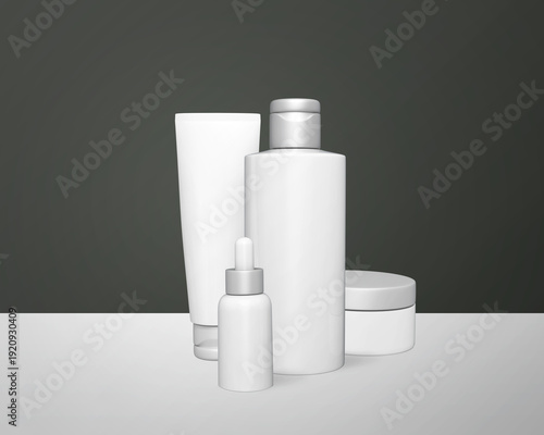 Set of blank cosmetic containers including bottle, tube, dropper bottle and cream jar on a neutral background. Minimal skincare packaging mockup with unbranded containers, suitable for cosmetic brandi