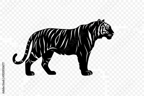 Regal Tiger Silhouette: A majestic tiger stands tall, its powerful form rendered in bold black against a clean backdrop. Capturing its graceful power and striking stripes.