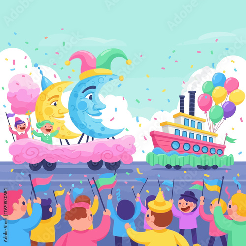 Vibrant festive parade with colorful floats and joyful people celebrating outdoors.