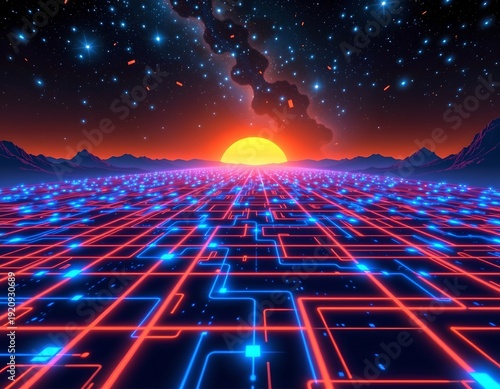 Futuristic Digital Grid Over Starry Cosmic Horizon