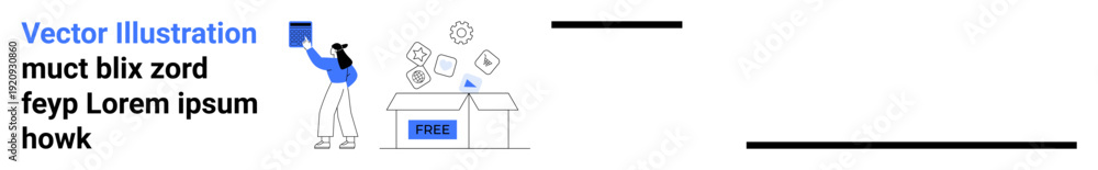 Obraz premium E-commerce, delivery, packaging, logistics, supply chain, storage. Individual stands next to an open package with floating icons. E-commerce and delivery systems