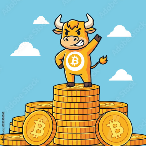 Cartoon Bitcoin Bull Mascot Triumphant on Gold BTC Coin Stack | Crypto Market Growth and Investment Success Illustration