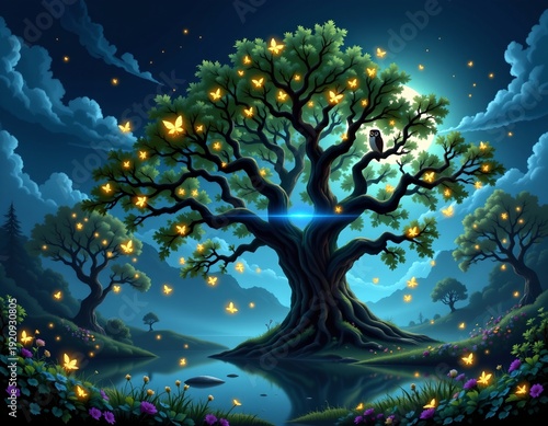 Moonlit Ancient Oak Amid Forest Glow