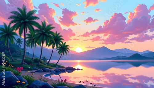Tropical Oasis Sunrise with Calm Lake and Lush Palms