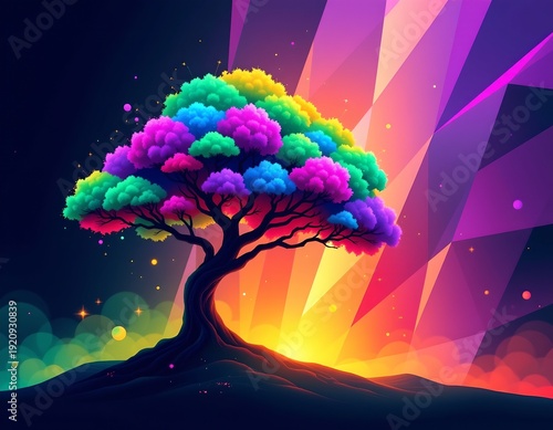Vibrant Abstract Tree with Rainbow Canopy and Geometric Glow