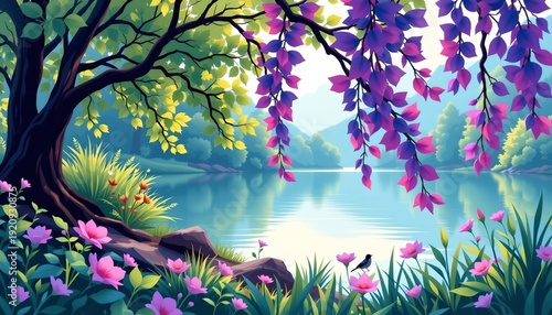 Serene Lakeside Scene with Verdant Foliage and Soft Light