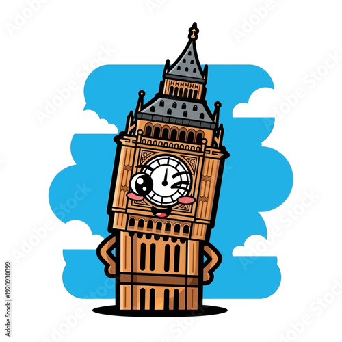 Adorable Big Ben Clock Tower Mascot. Cute Kawaii London Landmark Character Winking and Smiling, Vector Illustration for Travel and Tourism.